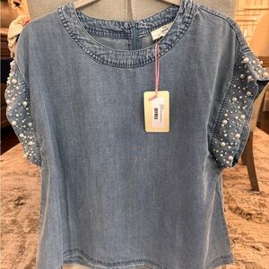 Lightweight denim top with pearl and rhinestone sleeve detail size small